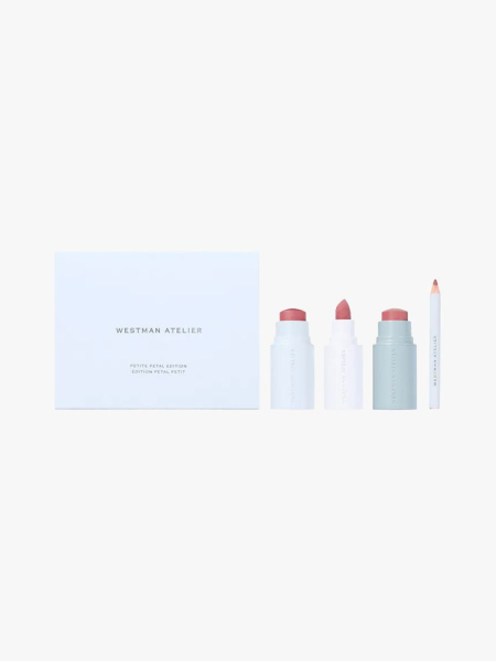 Westman Atelier Mini Petal Edition Cheek and Lip Gift Set in branded components on a light gray background