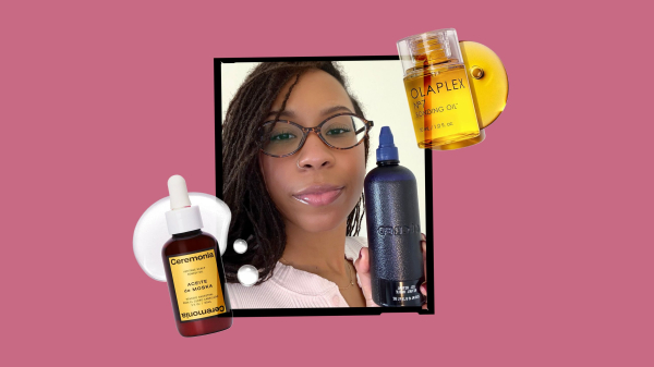 A photo of Allure contributor Jailynn Taylor holding a blue bottle of Ccred Oil Ritual in a black frame surrounded by...