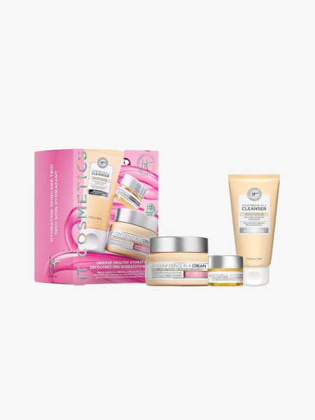 It Cosmetics Unwrap Healthy Hydration Anti-Aging Skincare Set in branded components on a light gray background