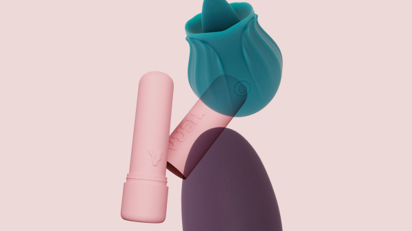 3 sex toys items overlapping on a pink background. From top to bottom teal flowershaped toy pink pillshaped toy and...