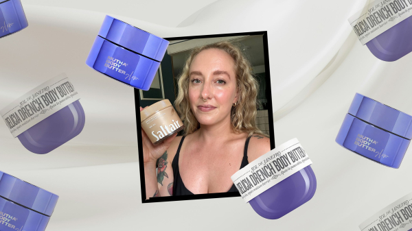 Image contains an Allure editor holding Saltair Body Butter surrounded by other body butter products