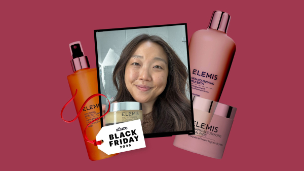 Image contains an Allure editor surrounded by Elemis skincare products